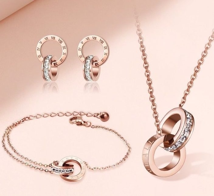 Set Perhiasan Titanium Desain Angka Romawi dipadukan dengan Permata Zirkon - Gambar 3